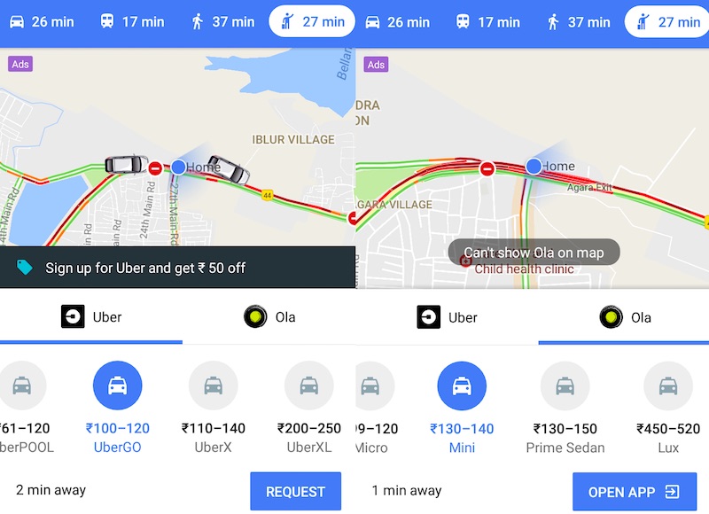 How to book the Ola or Uber cab from the Google Maps app?