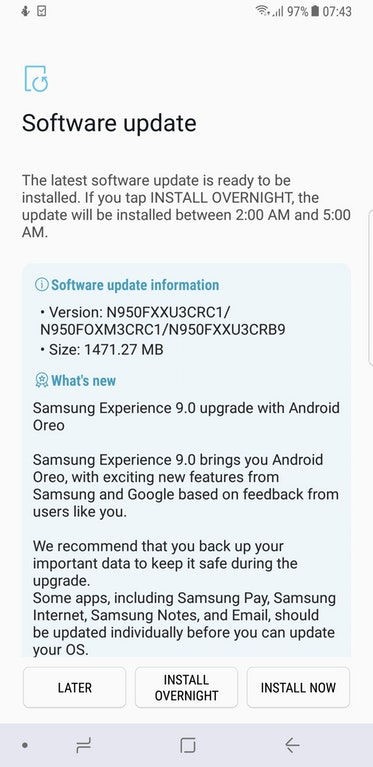 Samsung Galaxy Note8 Android 8.0 Oreo update